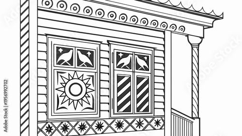 Russian ethnic-style window frame. Vector image of a traditional window frame. Carved decor, architectural element, folklore ornament, izba.