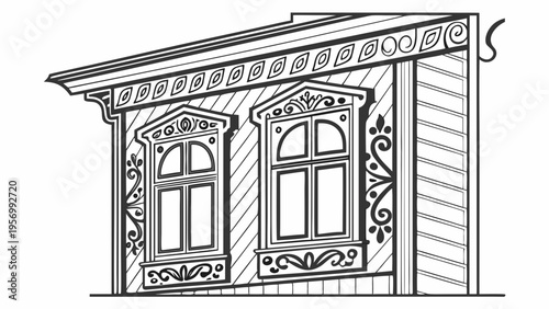 Russian ethnic-style window frame. Vector image of a traditional window frame. Carved decor, architectural element, folklore ornament, izba.