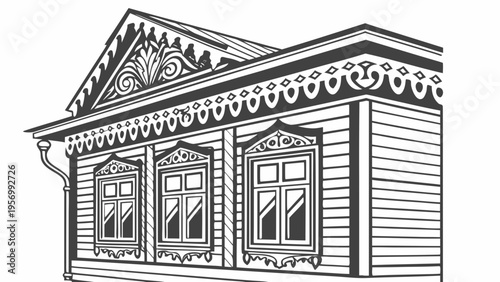 Russian ethnic-style window frame. Vector image of a traditional window frame. Carved decor, architectural element, folklore ornament, izba.