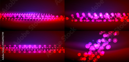 Four panels show vibrant lights. Colors transition from purple to red, creating dynamic visual effects. Bokeh appears prominent throughout images.