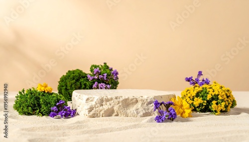 Minimalist Stone Pedestal Display with Delicate Wildflowers.