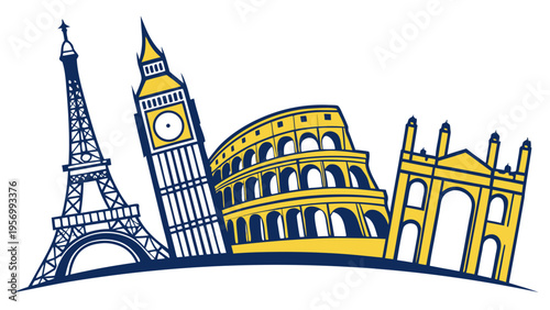 Famous european landmarks illustration featuring eiffel tower big ben colosseum and brandenburg gate in minimal line style travel concept