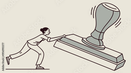Bureaucracy concept with frustrated person pushing against large official stamp symbolizing paperwork pressure and administrative obstacles