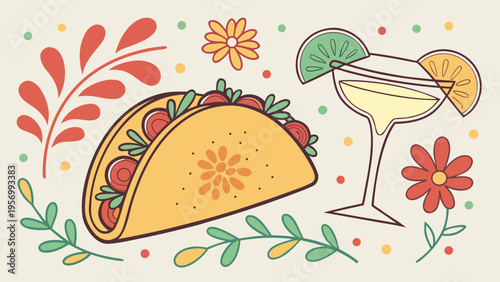 Cinco de mayo celebration with taco and margarita surrounded by flowers and confetti in vibrant mexican folk art style