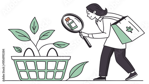 Conscious consumption concept with shopper examining eco products in basket promoting sustainability and responsible buying habits
