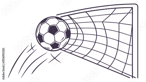 Soccer ball hitting net in goal representing scoring moment and success in football match dynamic sports illustration