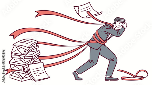 Overworked employee dragged by pile of documents symbolizing workload pressure deadlines and office stress in business environment