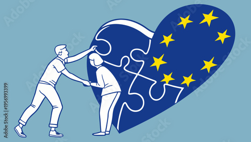 European union cooperation concept with business people assembling puzzle pieces inside eu flag symbol representing unity partnership and integration