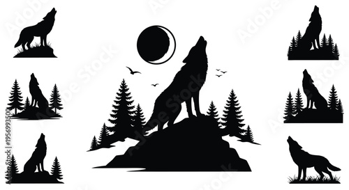 Howling wolves against a moonlit landscape a striking black silhouette