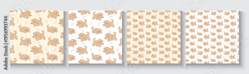 Adorable Cartoonish Puppies Illustration Set Isolated. Dog seamless pattern poster, banner, cards with cute blue brown dogs