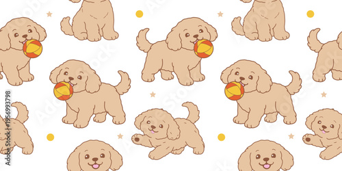 Adorable Cartoonish Puppies Illustration Set Isolated. Dog seamless pattern poster, banner, cards with cute blue brown dogs