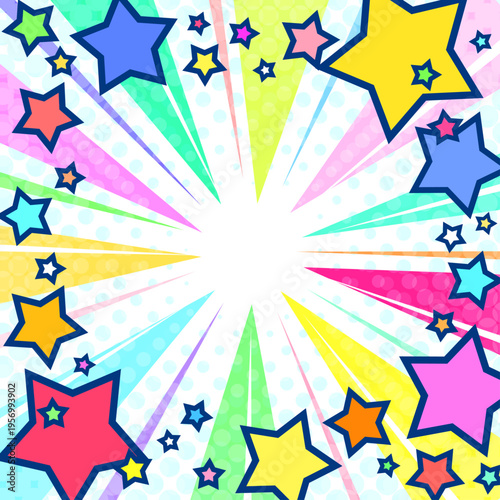 星が飛び出すカラフルで派手で賑やかな集中線白色背景ベクター素材。1:1のスクエア正方形バナー用