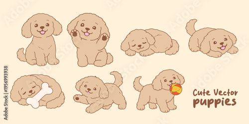 Adorable Cartoonish Puppies Illustration Set Isolated. Dog seamless pattern poster, banner, cards with cute blue brown dogs