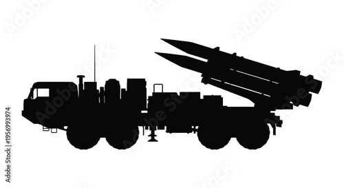 Black silhouette of a military missile launcher on a truck silhouette