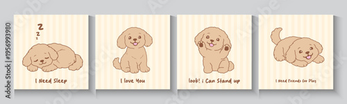 Adorable Cartoonish Puppies Illustration Set Isolated. Dog seamless pattern poster, banner, cards with cute blue brown dogs