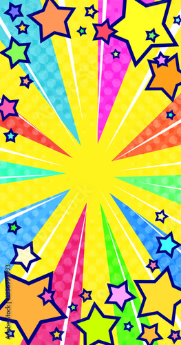 星が飛び出すカラフルで派手で賑やかな集中線黄色背景ベクター素材。スマホに最適な縦型