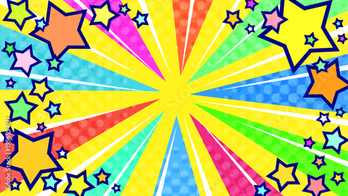 星が飛び出すカラフルで派手で賑やかな集中線イエロー背景ベクター素材。16:9のYouTubeサムネ広告用