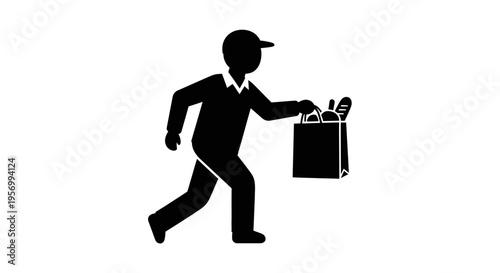 Delivery courier carrying a bag of groceries, 2D vector silhouette of a person making a fast delivery