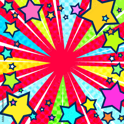 星が飛び出すカラフルで派手で賑やかな集中線赤背景ベクター素材。1:1のスクエア正方形バナー用