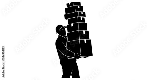 Overburdened courier carrying a precarious tower of packages, symbolizing the demanding effort in modern shipping and logistics