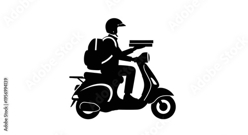 Food delivery courier riding a scooter with a pizza box on top
