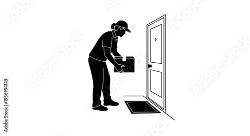 Delivery person delivering a package to a doorstep with a mat and a closed door in a silhouette style