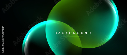 Abstract design features overlapping luminous circles. Gradient colors blend from teal to green on black background. Minimalist, modern aesthetic.