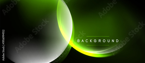 Abstract green neon lines, curves, shapes. Dark background creates luminous effect. Modern design element for digital projects.