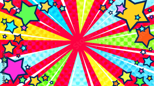 星が飛び出すカラフルで派手で賑やかな集中線レッド背景ベクター素材。16:9のYouTubeサムネ広告用