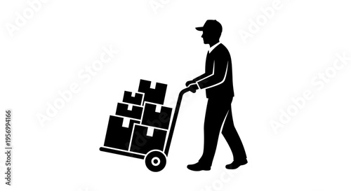 Logistics professional pushing a hand truck laden with several boxes, symbolizing efficient delivery and supply chain management