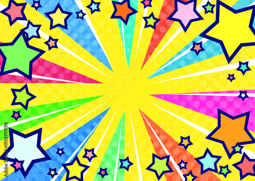 星が飛び出すカラフルで派手で賑やかな集中線黄色背景ベクター素材。ポスター広告用