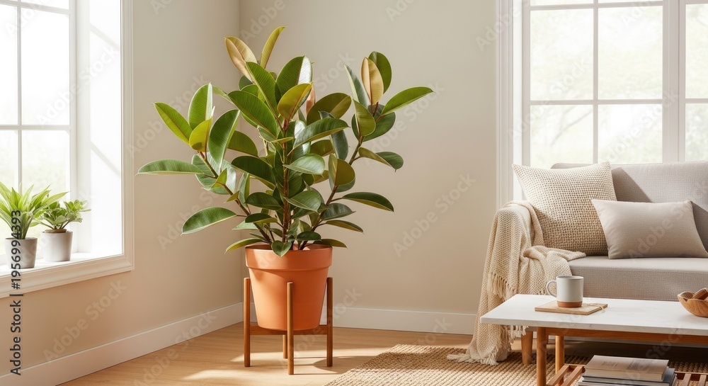 Fototapeta premium A large rubber plant sits in a terracotta pot on a wooden plant stand in a bright, airy living room.