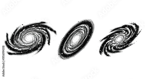 Three spiral galaxies depicted in a striking black silhouette