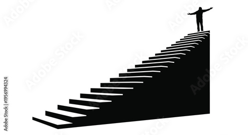 A person stands triumphantly atop a staircase black silhouette