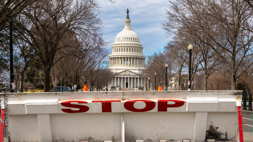Stop security barrier near Capitol Hill. Government shutdown tension in Washington DC. Restricted access control near Capitol. Political budget stalemate in Congress.