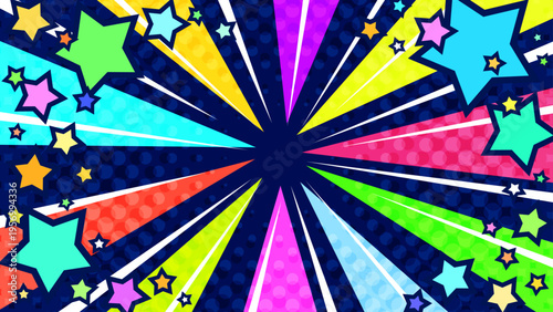 星が飛び出すカラフルで派手で賑やかな集中線紺色背景ベクター素材。16:9のYouTubeサムネ広告用