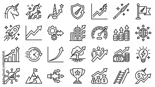 Collection of business growth and success icons representing startup, finance, strategy, teamwork, and global expansion concepts