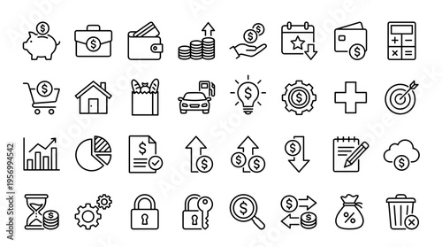 Collection of financial and business icons representing concepts like savings investment growth planning and management