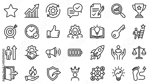 Collection of business and success icons representing growth strategy teamwork innovation and achievement in a modern outline style