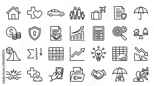 Insurance and finance icons set representing protection security and financial growth for business and personal life