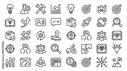 Collection of business and startup icons representing ideas, strategy, growth, teamwork, finance, and project management for digital presentations and concepts