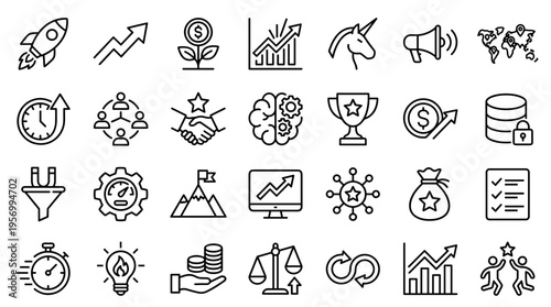 Collection of business and finance icons representing growth success strategy startup and teamwork concepts