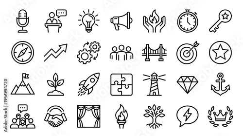 Collection of business and success icons representing growth strategy leadership innovation teamwork and achievement in a clean line art style