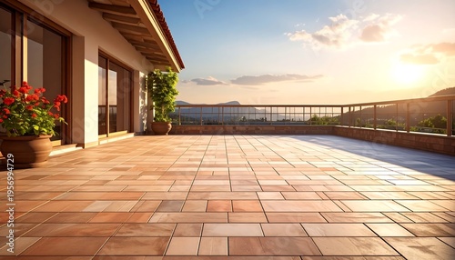Spacious Terrace Overlooking a Serene Ocean at Sunset.