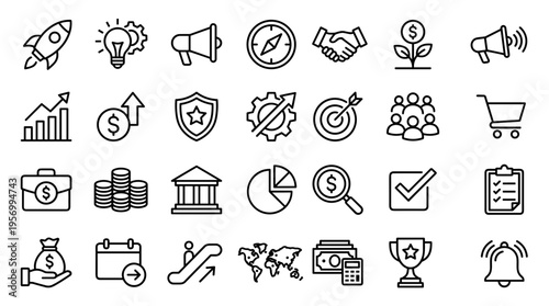 Business and finance icons set for strategy planning growth and success in modern commerce and digital economy concepts