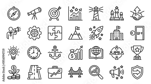 Collection of business and strategy icons representing success growth goals achievement teamwork and innovation in a modern flat design style