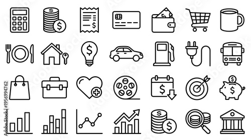 Collection of business and finance icons representing financial concepts, shopping, and everyday expenses in a clean outline style