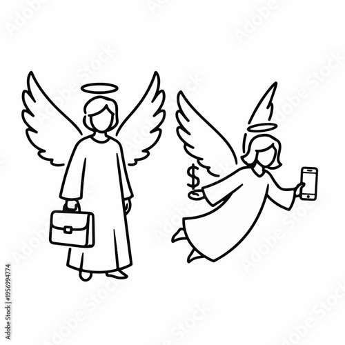 Business Angels Vector Illustration Set: Male Angel with Briefcase and Female Angel with Smartphone & Money