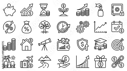 Financial Growth and Investment Icons Set Representing Savings Goals and Economic Progress