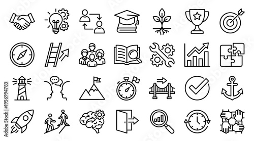 Collection of business and success concept icons representing growth strategy teamwork innovation and achievement in a clean outline style